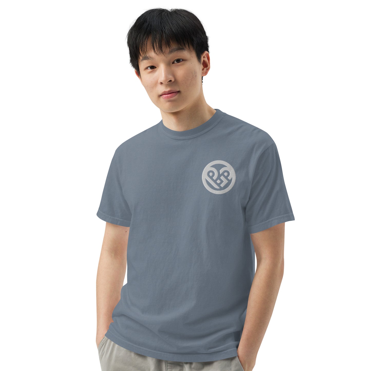 Playground Men’s garment-dyed heavyweight t-shirt Embroidered PG heart with Print on the Back
