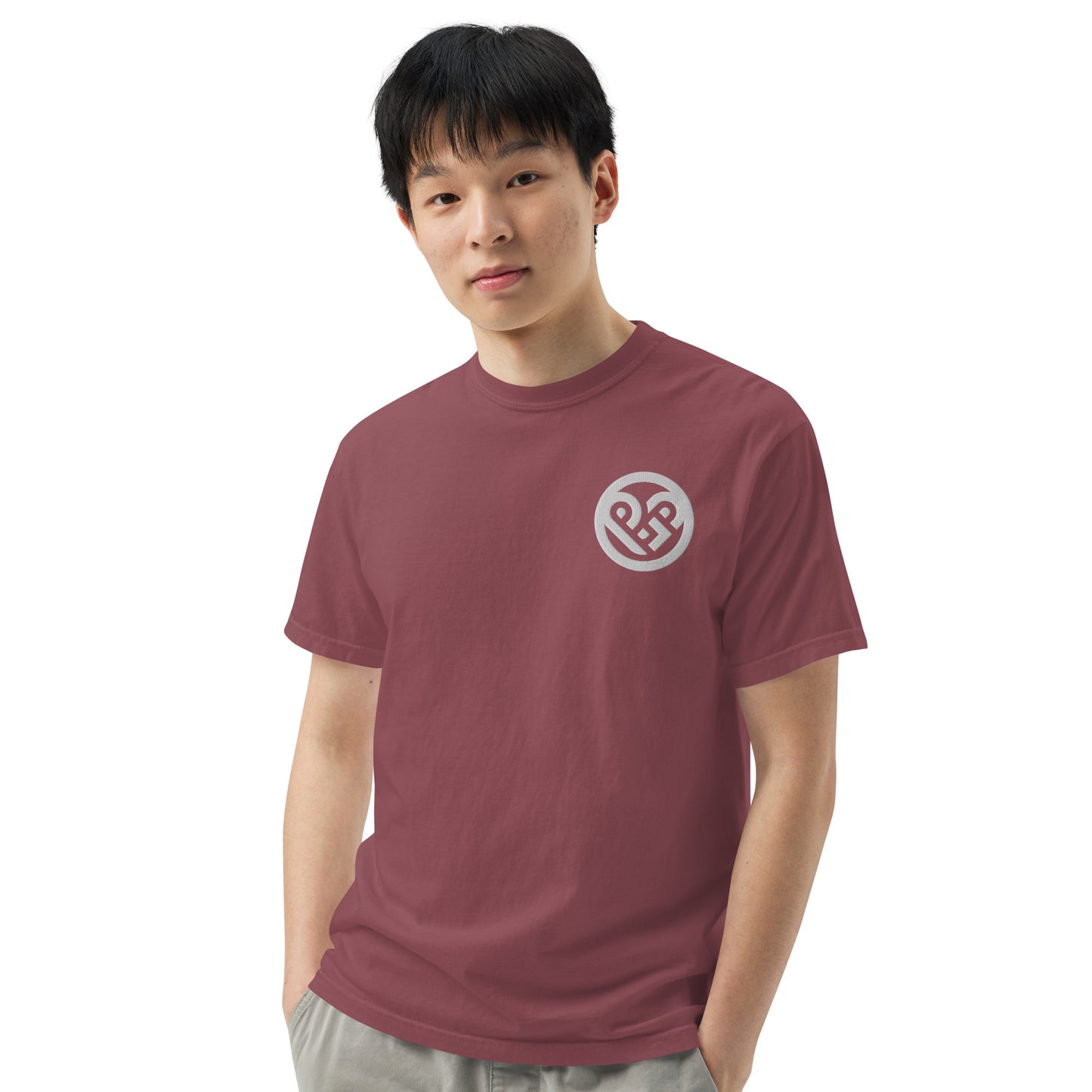 Playground Men’s garment-dyed heavyweight t-shirt Embroidered PG heart with Print on the Back