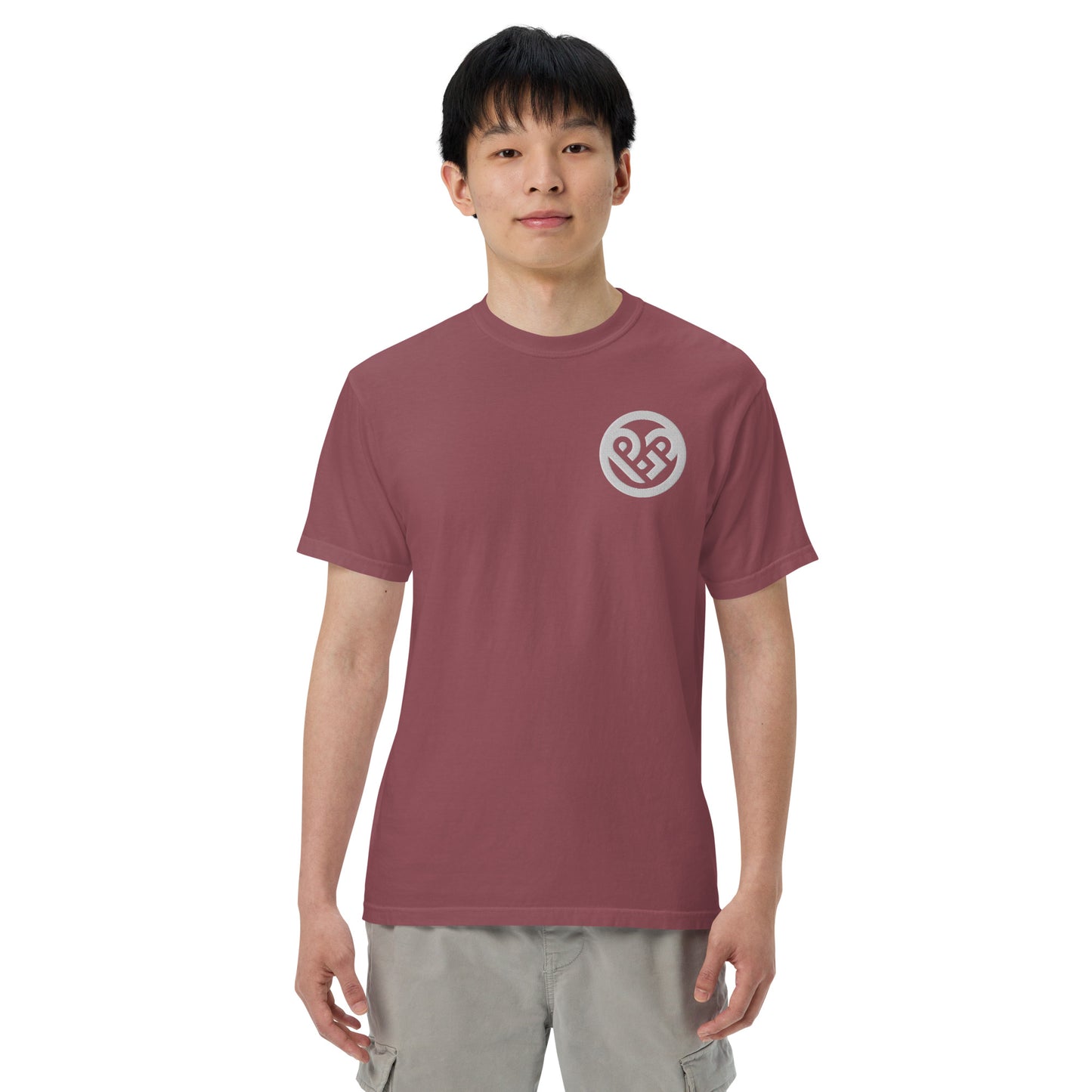 Playground Men’s garment-dyed heavyweight t-shirt Embroidered PG heart with Print on the Back