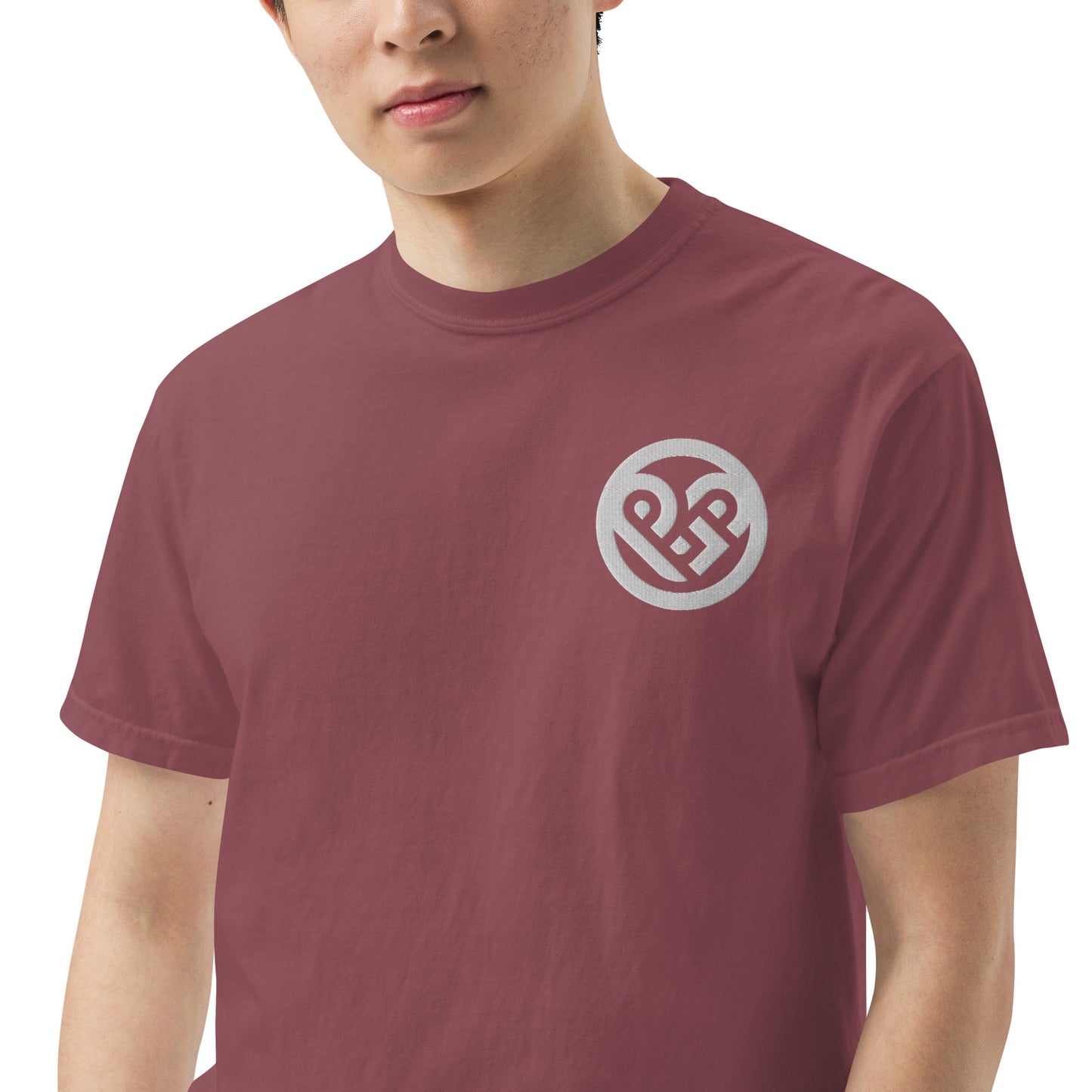 Playground Men’s garment-dyed heavyweight t-shirt Embroidered PG heart with Print on the Back