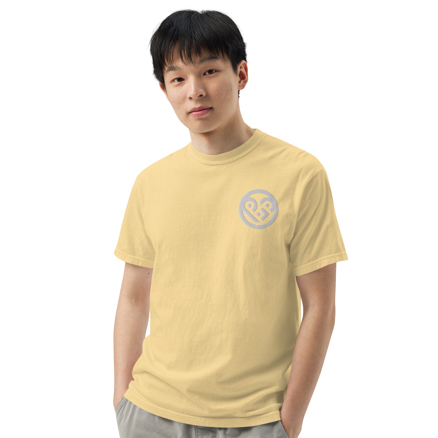 Playground Men’s garment-dyed heavyweight t-shirt Embroidered PG heart with Print on the Back