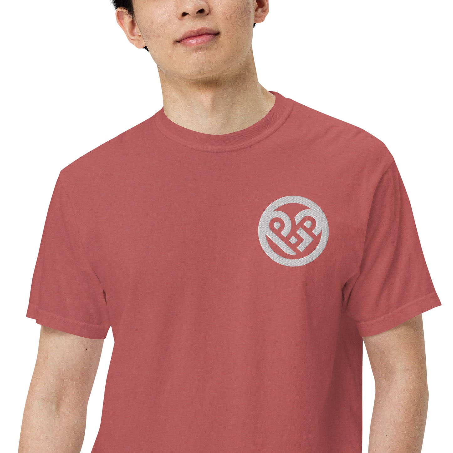 Playground Men’s garment-dyed heavyweight t-shirt Embroidered PG heart with Print on the Back