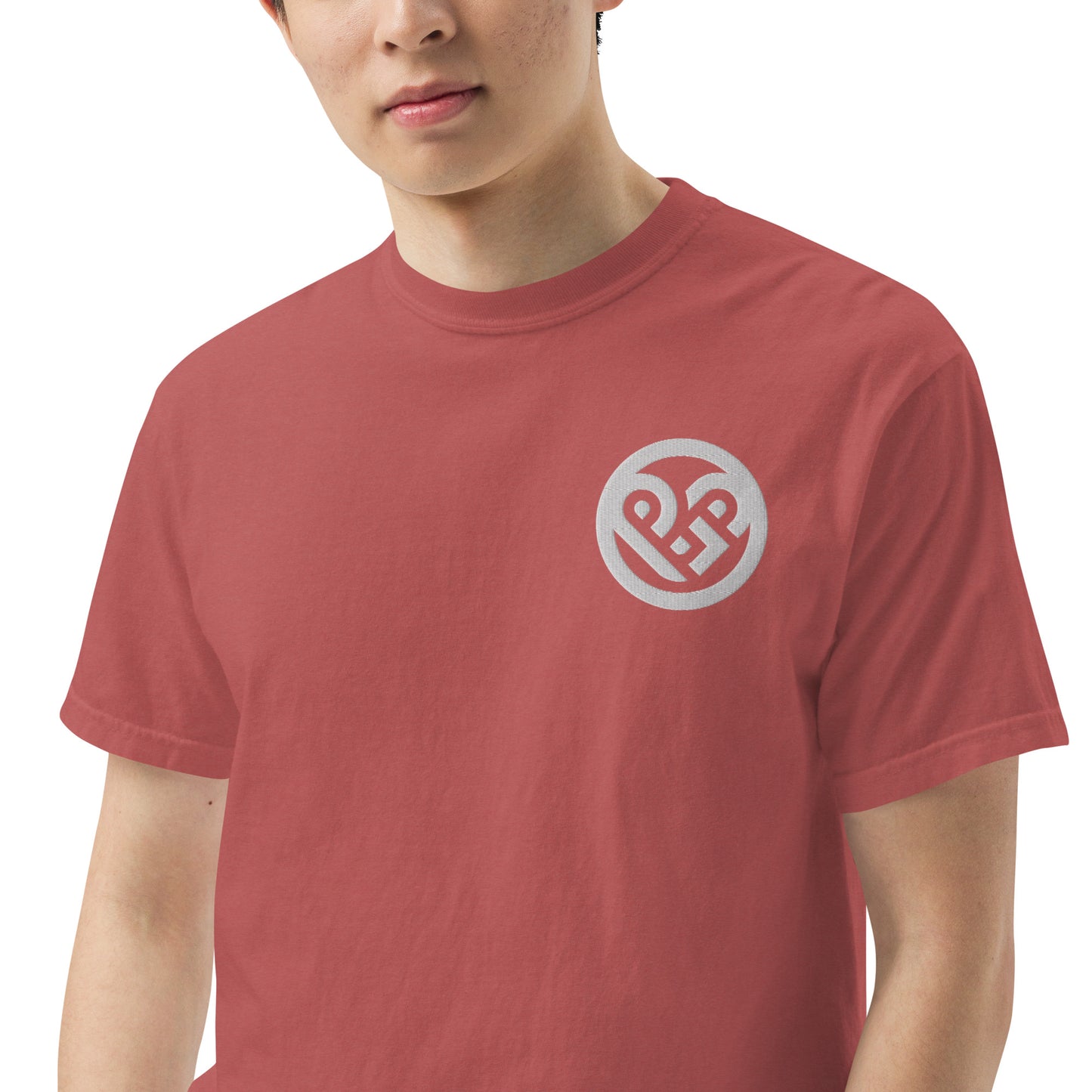 Playground Men’s garment-dyed heavyweight t-shirt Embroidered PG heart with Print on the Back