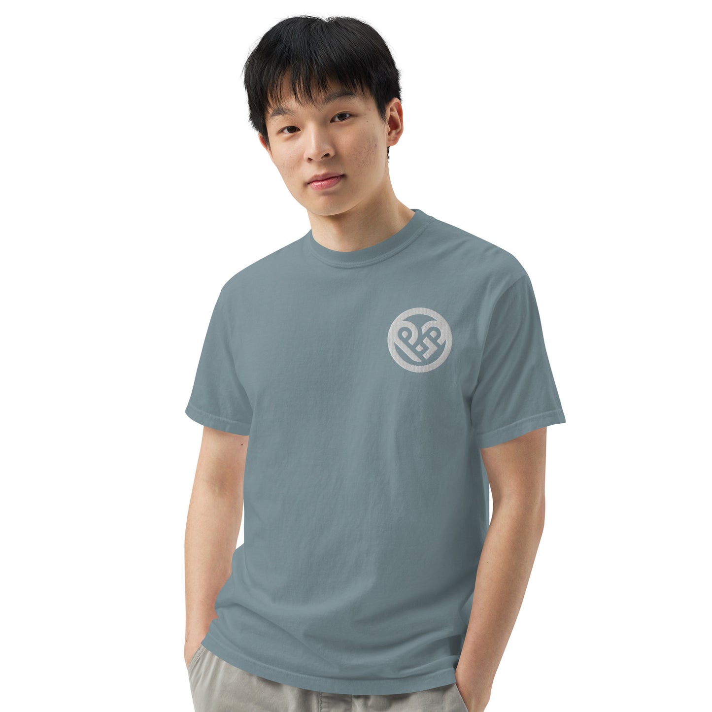 Playground Men’s garment-dyed heavyweight t-shirt Embroidered PG heart with Print on the Back